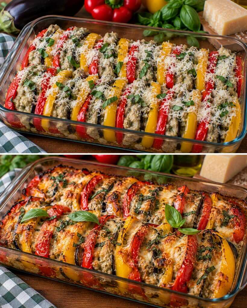 Peperoni a Strati con Crema di Melanzane, Parmigiano e Basilico