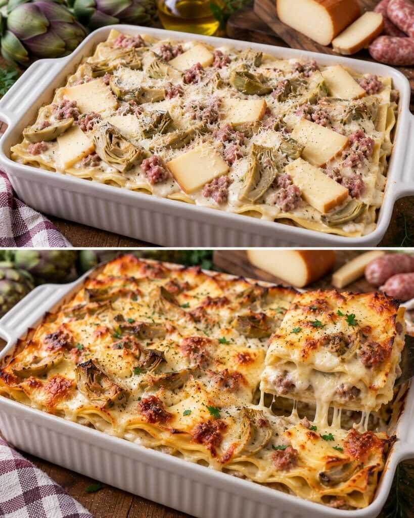 Lasagne Bianche con Carciofi, Salsiccia e Scamorza Affumicata
