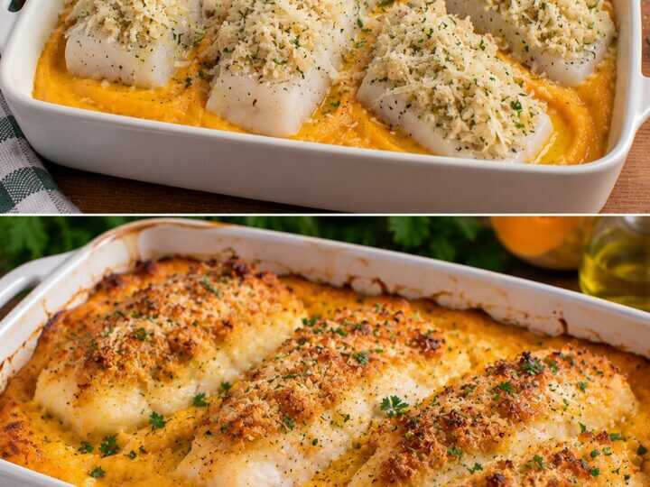 Filetti di Merluzzo Gratinati con Crema di Zucca e Pecorino