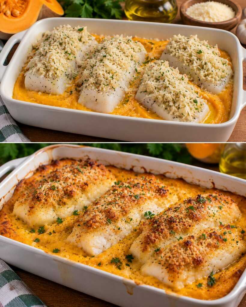 Filetti di Merluzzo Gratinati con Crema di Zucca e Pecorino