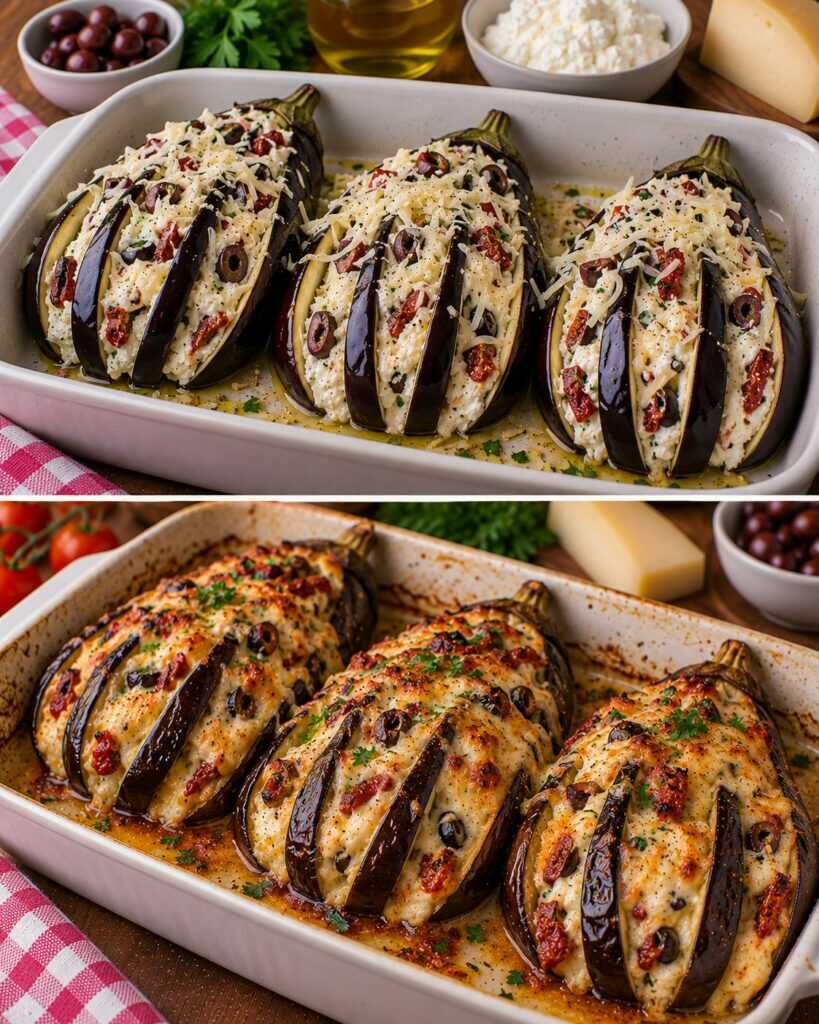 Melanzane a Ventaglio con Crema di Ricotta, Olive e Caciocavallo