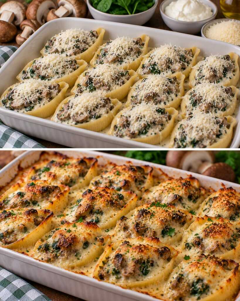 Conchiglioni Ripieni di Funghi Porcini, Mascarpone e Spinaci al Forno