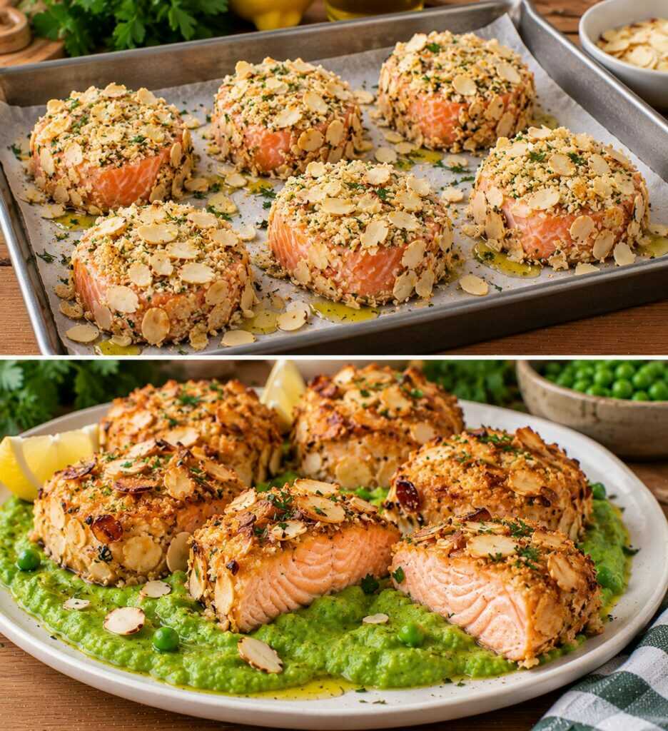 Medaglioni di Salmone in Crosta di Mandorle con Crema di Piselli