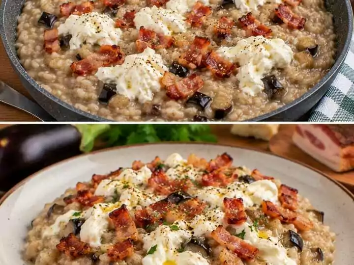 Risotto alla Crema di Melanzane con Guanciale Croccante e Stracciatella