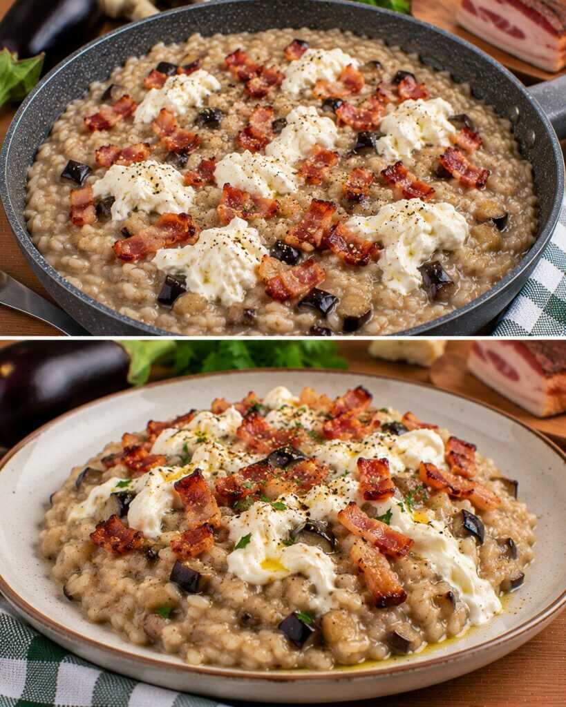 Risotto alla Crema di Melanzane con Guanciale Croccante e Stracciatella