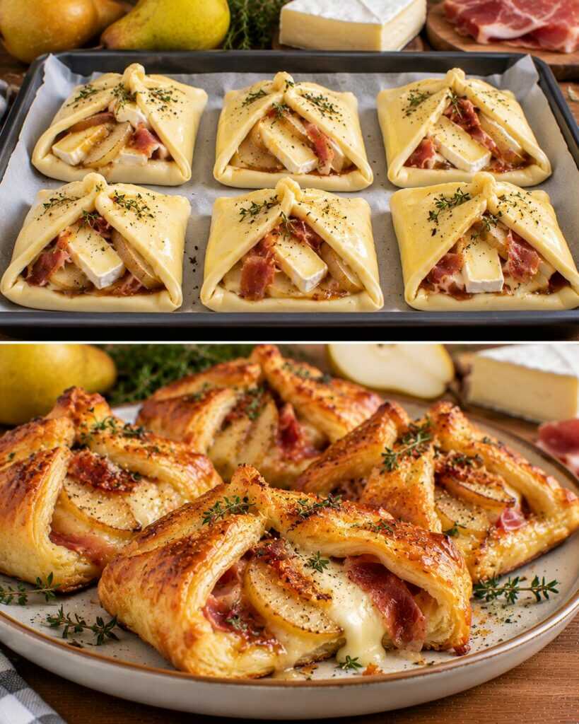Fagottini di Pasta Sfoglia con Pere Caramellate, Speck e Brie