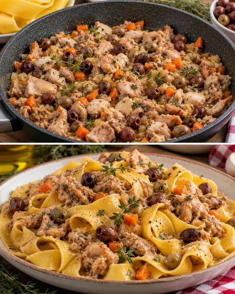 Pappardelle con Ragù Bianco di Coniglio, Olive Taggiasche e Timo