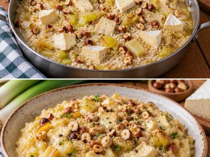 Risotto ai Porri Caramellati con Brie e Nocciole Tostate