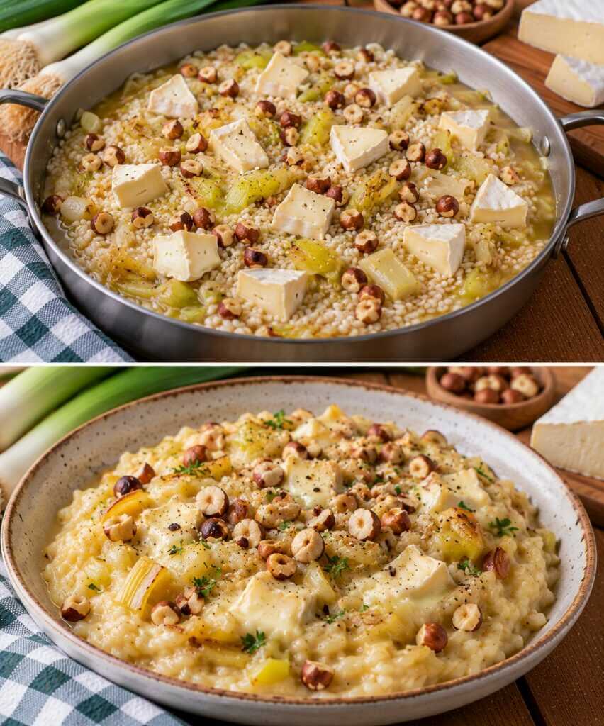 Risotto ai Porri Caramellati con Brie e Nocciole Tostate