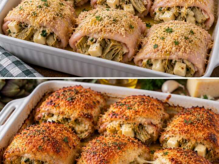 Sovracosce di Pollo in Crosta di Parmigiano con Carciofi e Provola