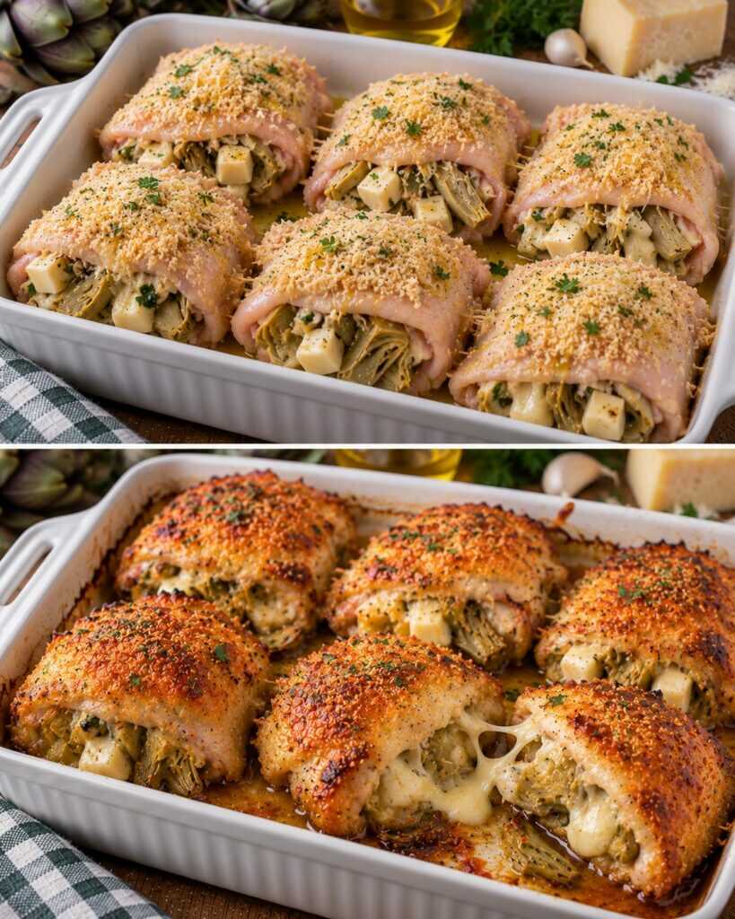 Sovracosce di Pollo in Crosta di Parmigiano con Carciofi e Provola