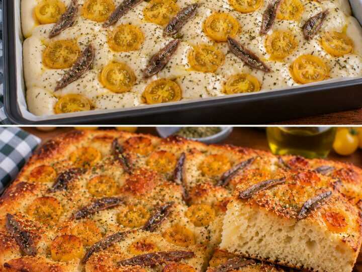 Focaccia Alta con Pomodorini Gialli, Alici e Origano
