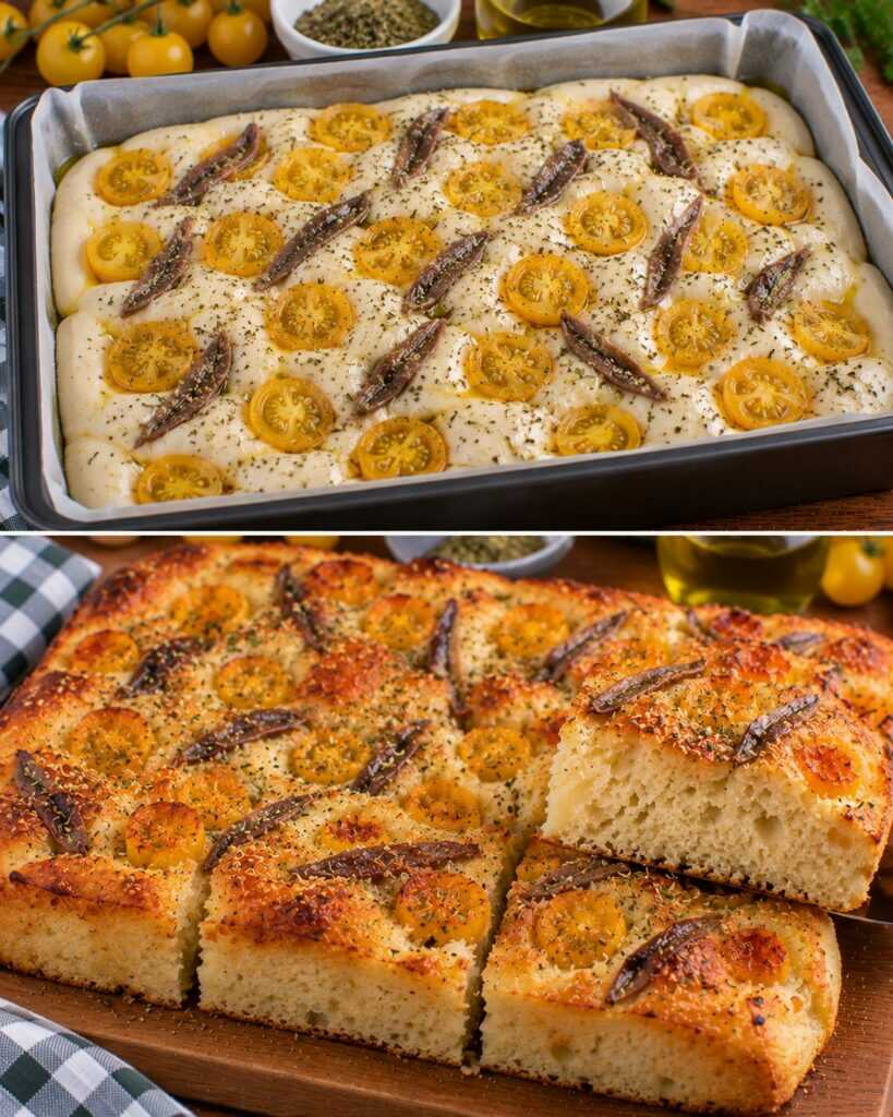 Focaccia Alta con Pomodorini Gialli, Alici e Origano