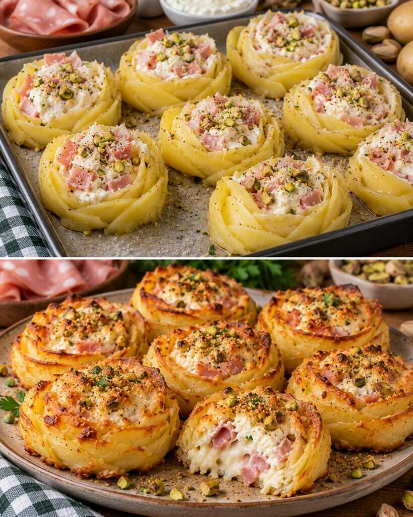 Rosette Croccanti di Patate con Mortadella, Ricotta e Pistacchi