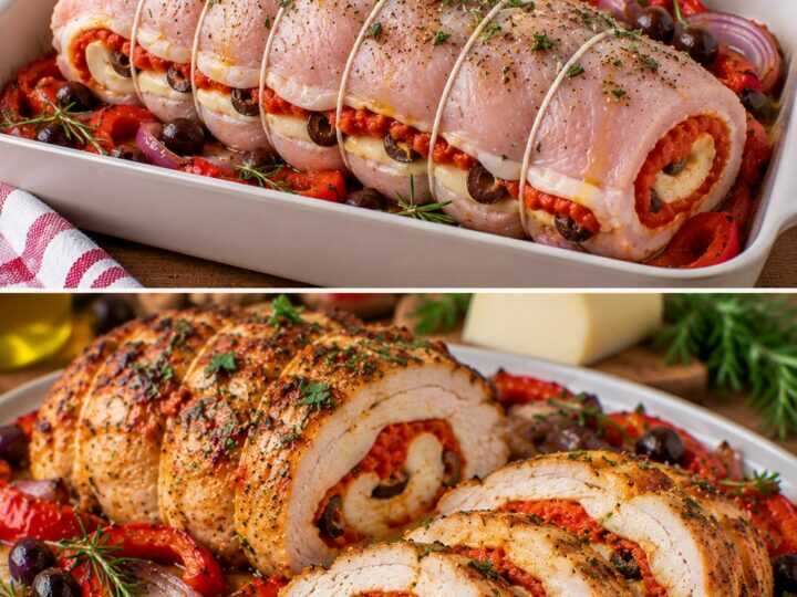 Rotolo di Tacchino con Crema di Peperoni Rossi, Provolone e Olive
