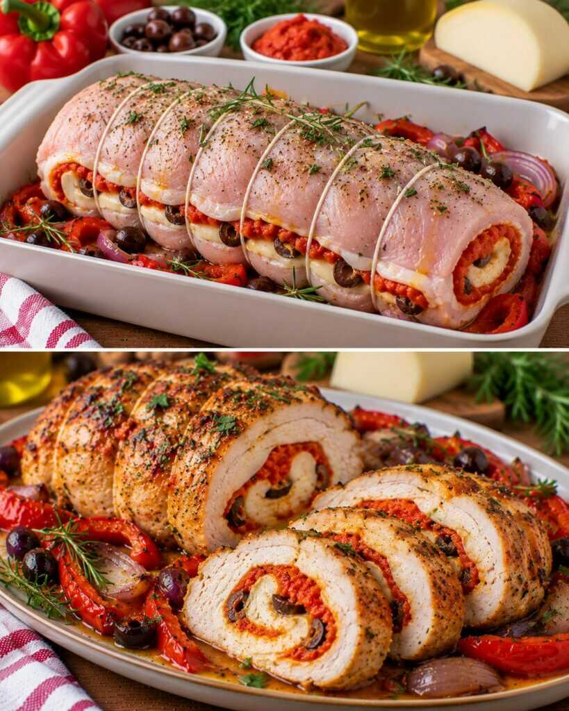 Rotolo di Tacchino con Crema di Peperoni Rossi, Provolone e Olive