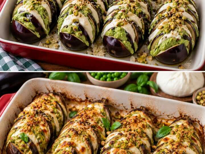 Melanzane a Ventaglio con Crema di Piselli, Burrata e Pistacchi