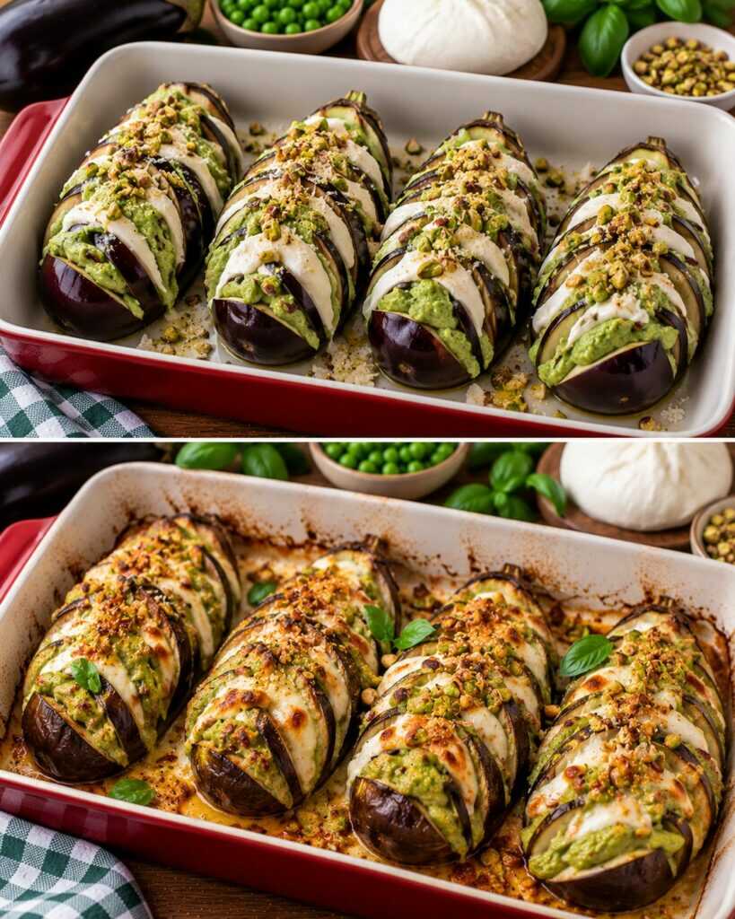 Melanzane a Ventaglio con Crema di Piselli, Burrata e Pistacchi