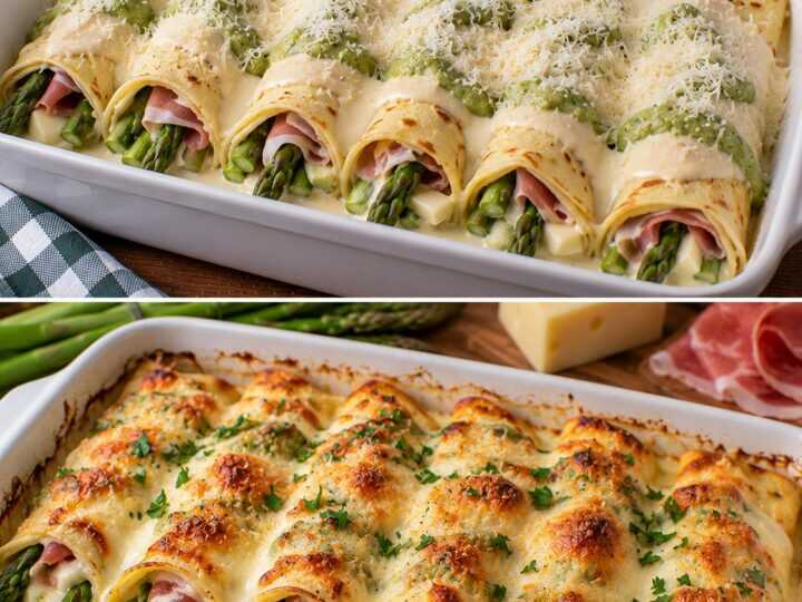 Crespelle al Forno con Crema di Asparagi, Prosciutto Crudo e Fontina