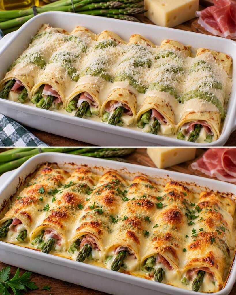 Crespelle al Forno con Crema di Asparagi, Prosciutto Crudo e Fontina
