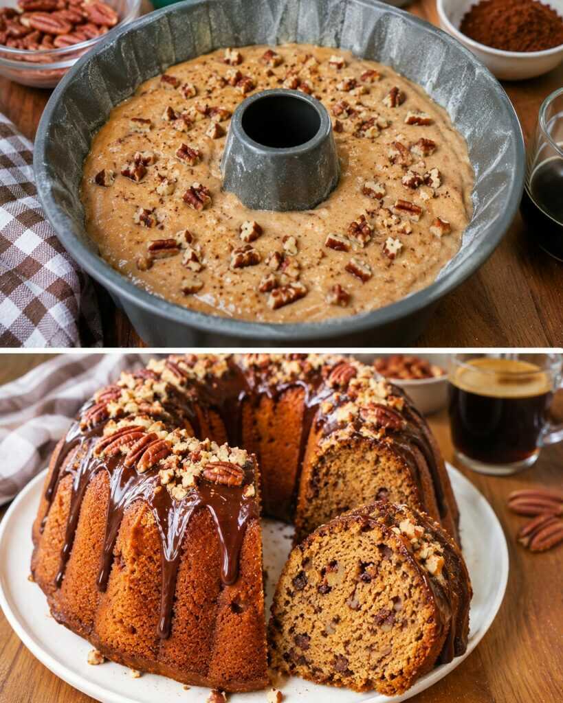Ciambella al Caffè d&rsquo;Orzo con Noci Pecan e Glassa al Cioccolato