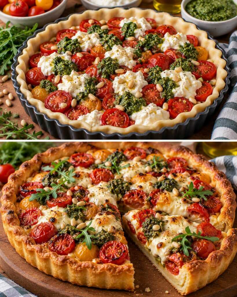 Crostata Salata con Pomodorini Confit, Stracciatella e Pesto di Rucola