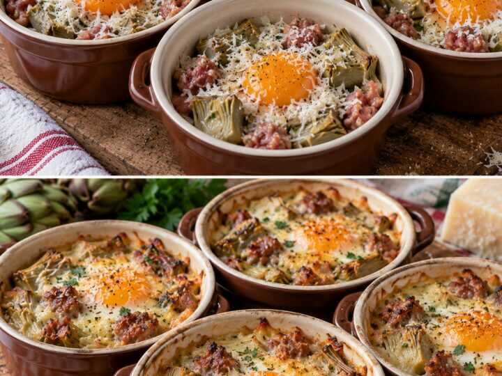 Uova in Cocotte con Carciofi, Salsiccia e Pecorino