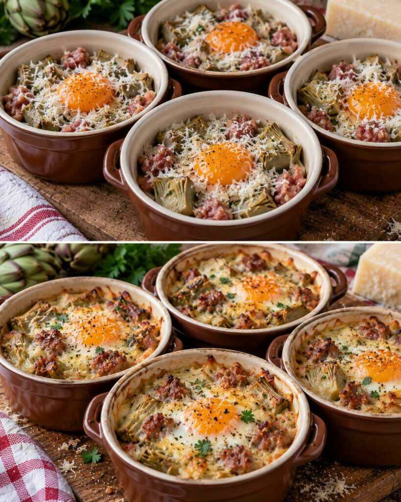 Uova in Cocotte con Carciofi, Salsiccia e Pecorino