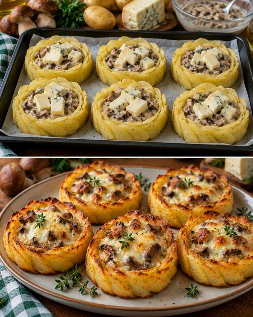 Crostatine di Patate con Crema di Porcini e Fonduta di Castelmagno