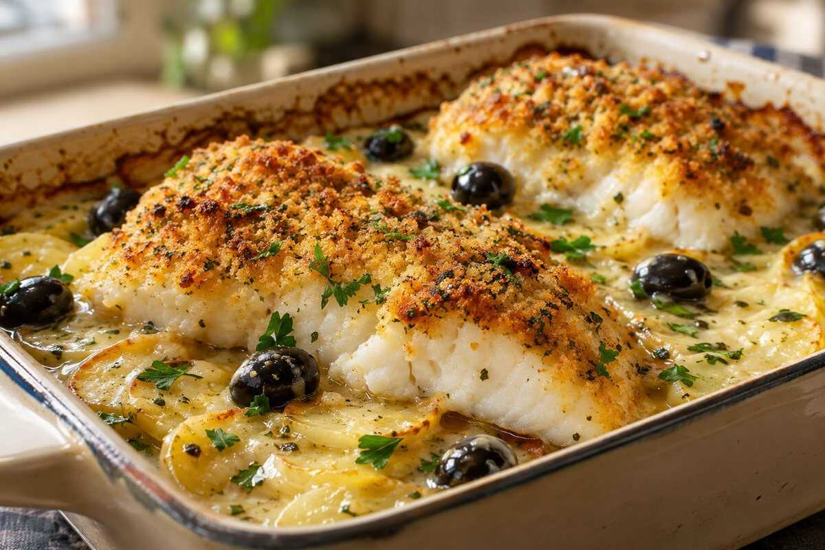 Merluzzo al forno con patate e olive
