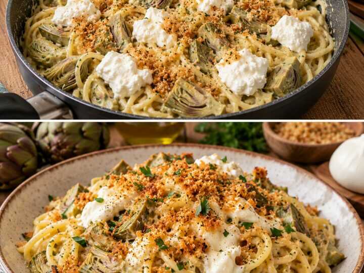 Spaghetti alla Crema di Carciofi con Burrata e Mollica Croccante