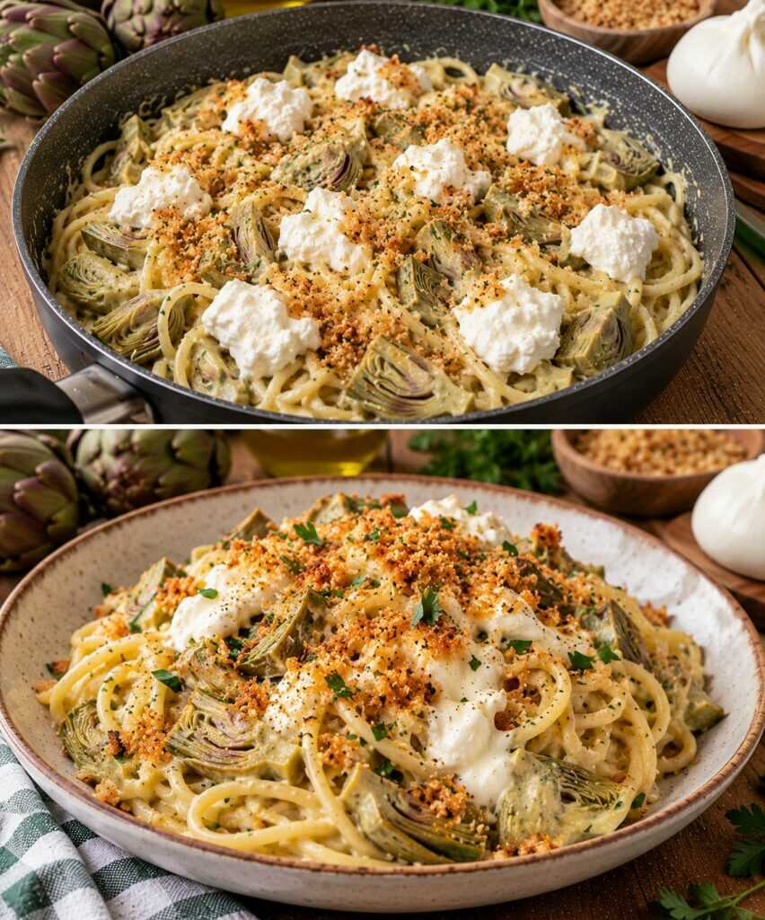 Spaghetti alla Crema di Carciofi con Burrata e Mollica Croccante