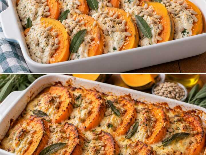 Zucca Gratinata con Crema di Ricotta, Semi di Girasole e Salvia