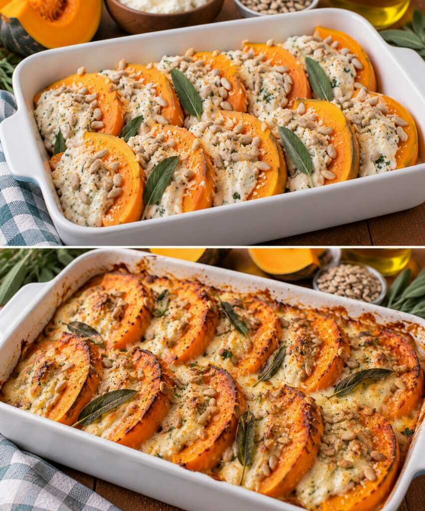 Zucca Gratinata con Crema di Ricotta, Semi di Girasole e Salvia