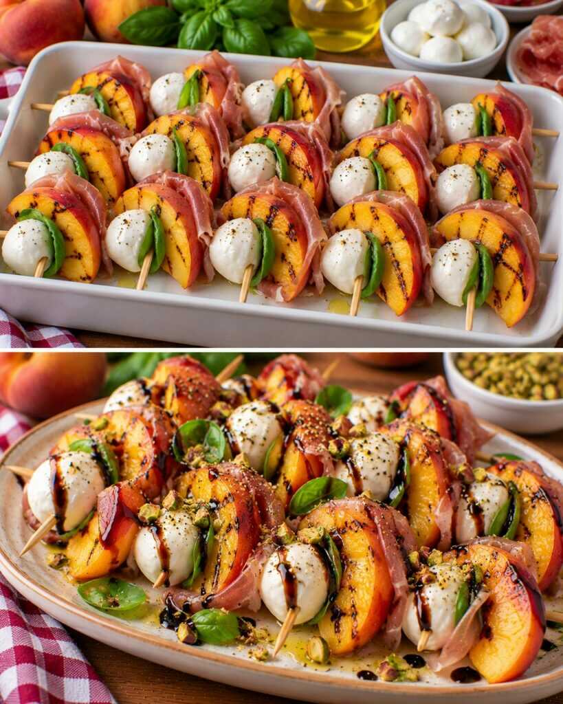 Spiedini Freddi di Mozzarella, Pesche Grigliate e Prosciutto Crudo