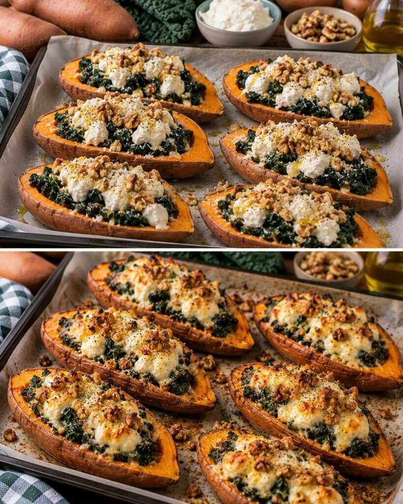 Patate Dolci a Barchetta con Cavolo Nero, Robiola e Noci