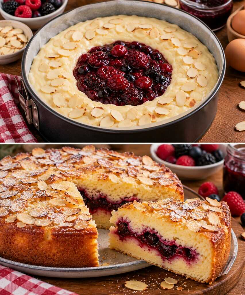 Torta Cremosa alle Mandorle con Cuore di Confettura di Frutti di Bosco