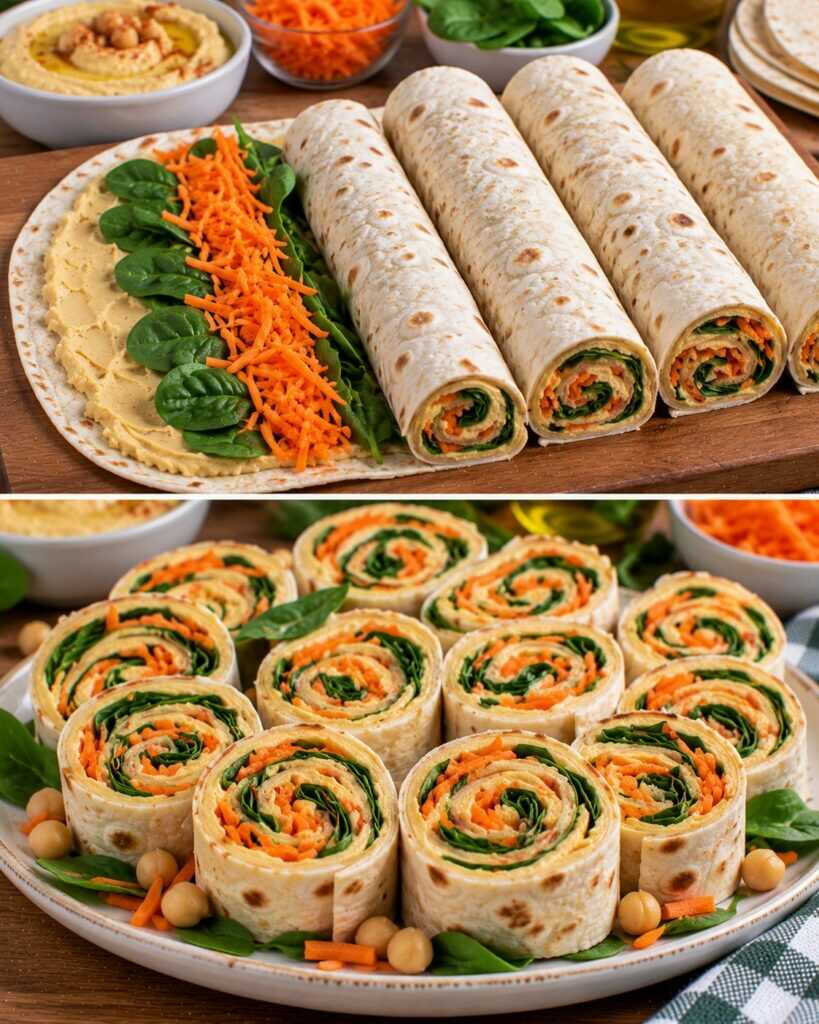 Girelle Fredde di Piadina con Hummus di Ceci, Carote e Spinacino