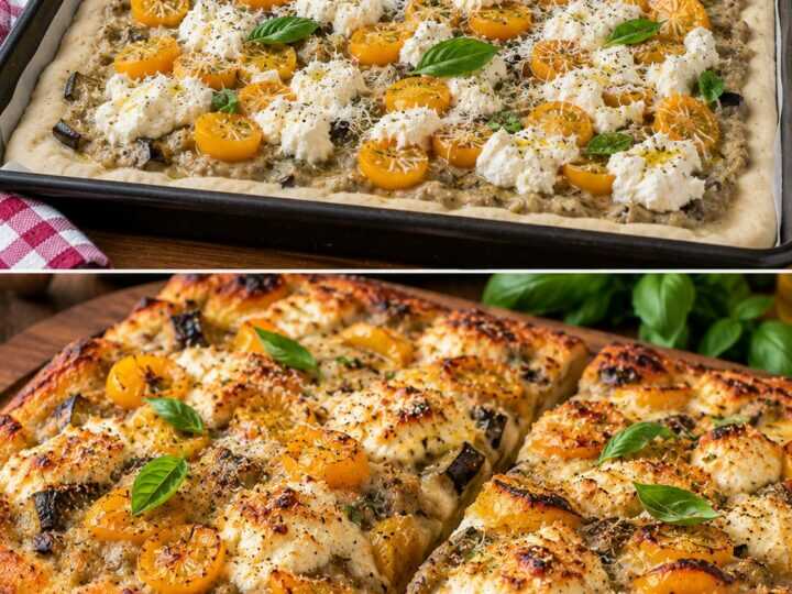 Pizza in Teglia con Crema di Melanzane Affumicate, Pomodorini Gialli e Ricotta Infornata