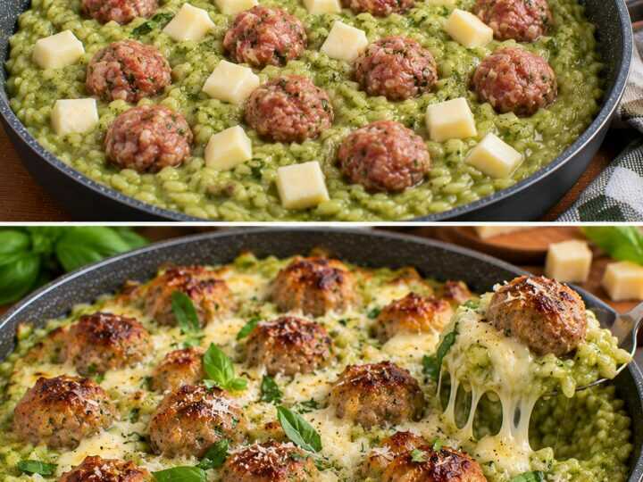Risotto al Pesto di Basilico con Polpettine di Salsiccia e Scamorza Filante