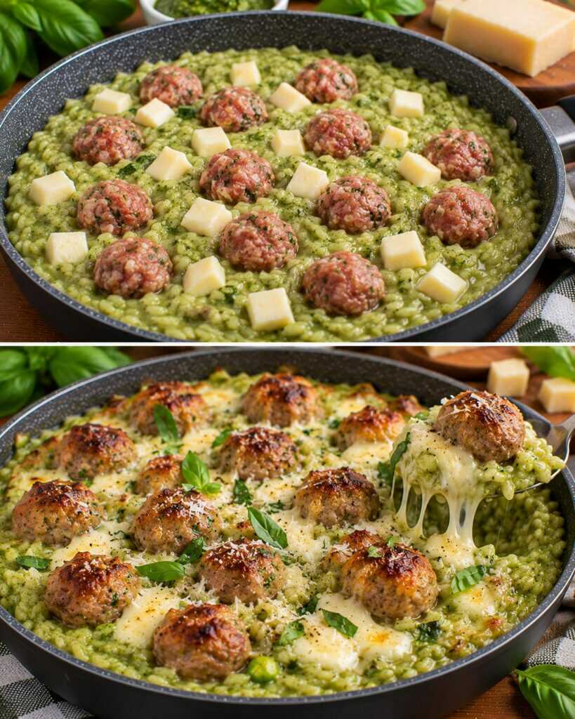 Risotto al Pesto di Basilico con Polpettine di Salsiccia e Scamorza Filante