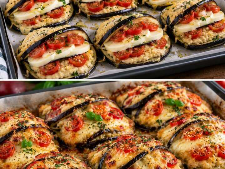 Melanzane a Portafoglio con Crema di Ceci, Provolone e Pomodorini