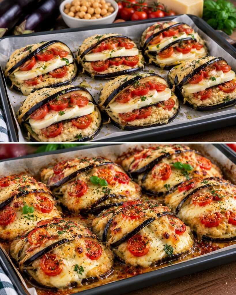 Melanzane a Portafoglio con Crema di Ceci, Provolone e Pomodorini