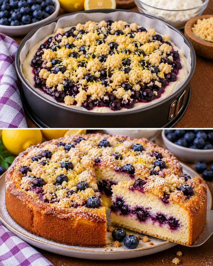 Torta Morbida alla Ricotta con Crema di Mirtilli e Crumble al Limone