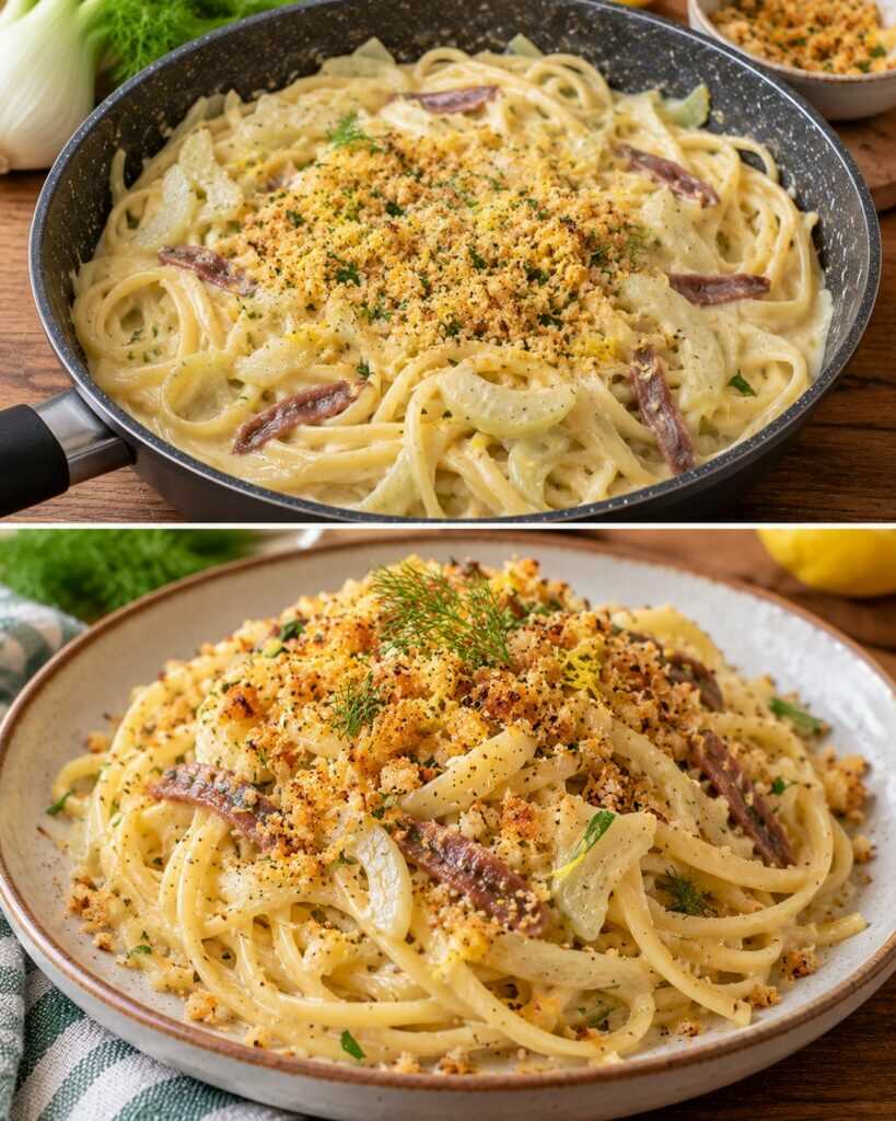 Linguine con Crema di Finocchi, Acciughe e Pangrattato al Limone