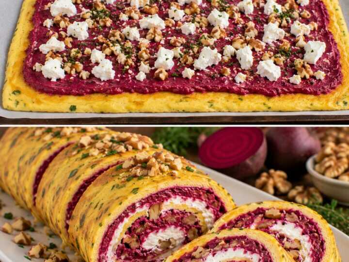 Rotolo di Frittata con Crema di Barbabietola, Caprino e Noci
