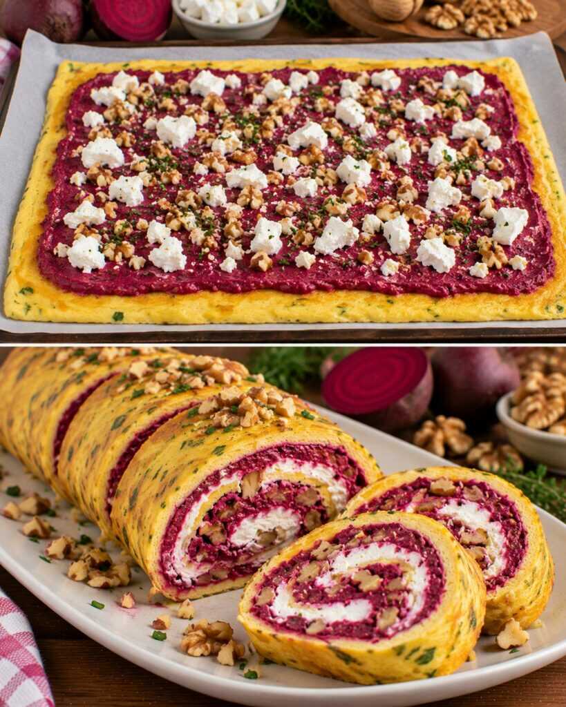 Rotolo di Frittata con Crema di Barbabietola, Caprino e Noci