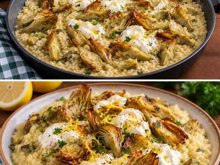 Risotto ai Carciofi Croccanti con Crema di Limone e Stracciatella