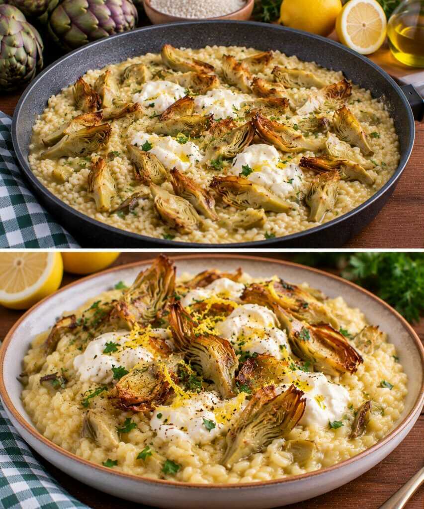 Risotto ai Carciofi Croccanti con Crema di Limone e Stracciatella