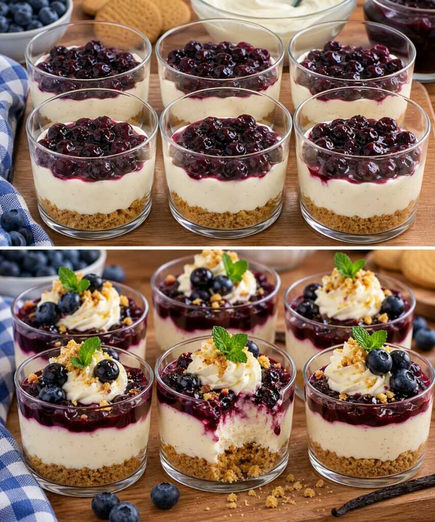 Bicchierini di Cheesecake alla Vaniglia con Salsa ai Mirtilli